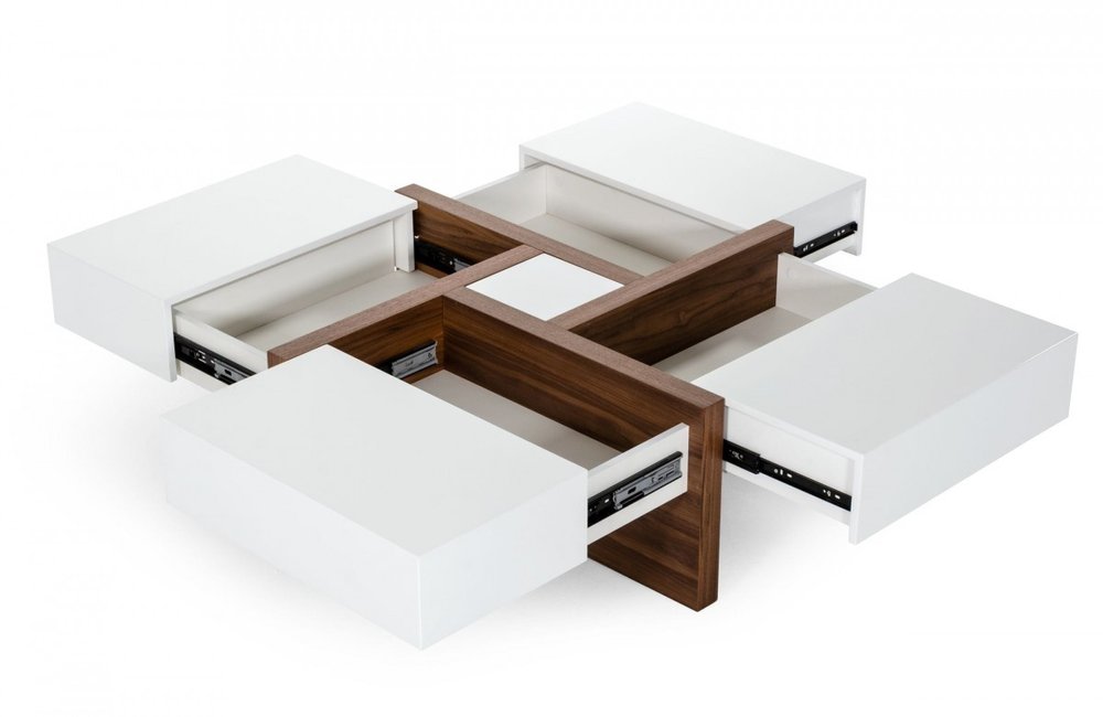 Brown and White Wood Square Solid Coffee Table with Four Drawers