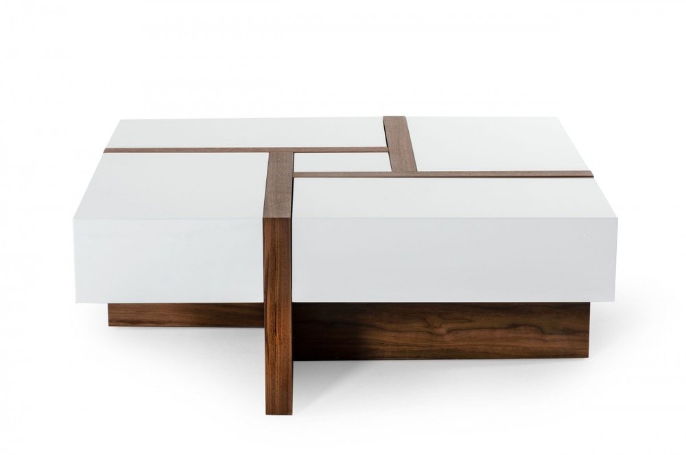 Brown and White Wood Square Solid Coffee Table with Four Drawers