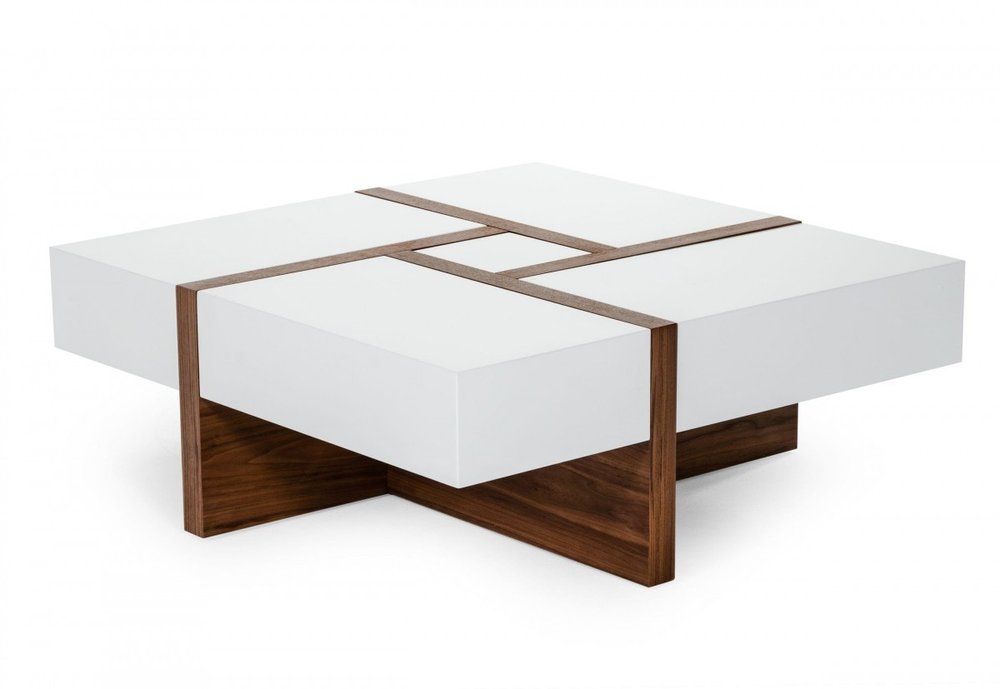 Brown and White Wood Square Solid Coffee Table with Four Drawers
