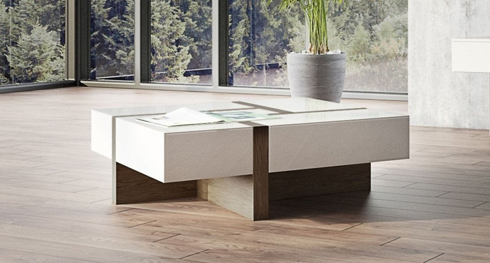 Brown and White Wood Square Solid Coffee Table with Four Drawers