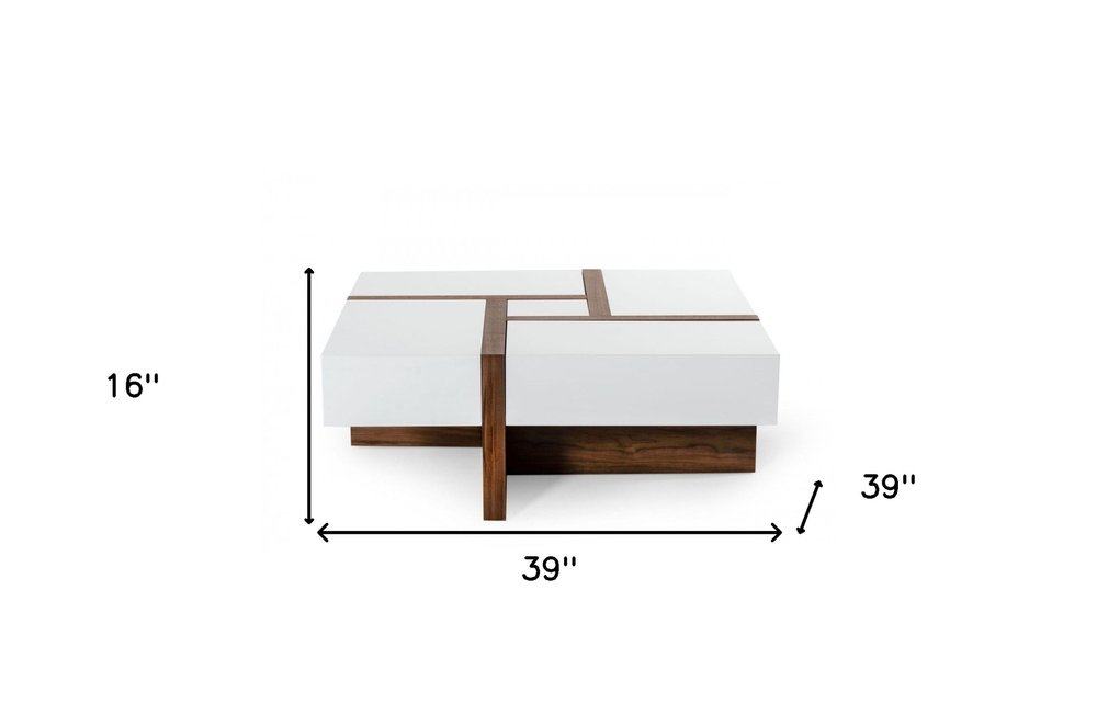 Brown and White Wood Square Solid Coffee Table with Four Drawers