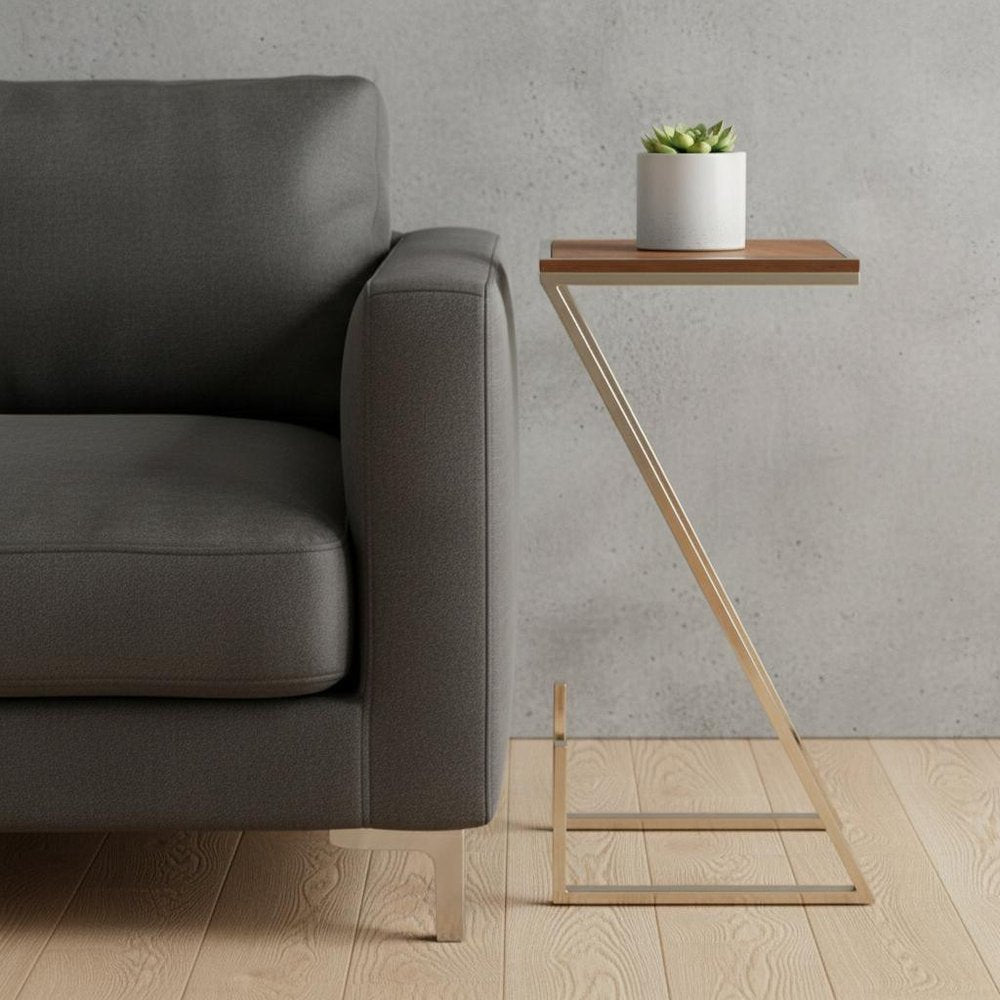 Stylish Asymmetrical Wood and Metal Z Shaped Side Table
