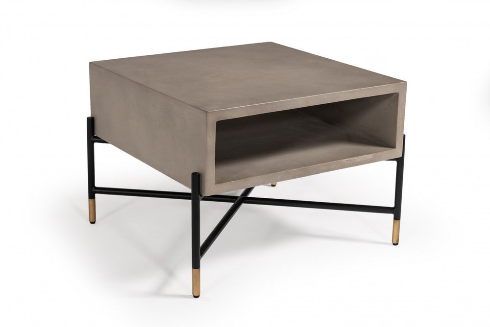 Gray and Black Concrete and Metal Square Coffee Table with Shelf