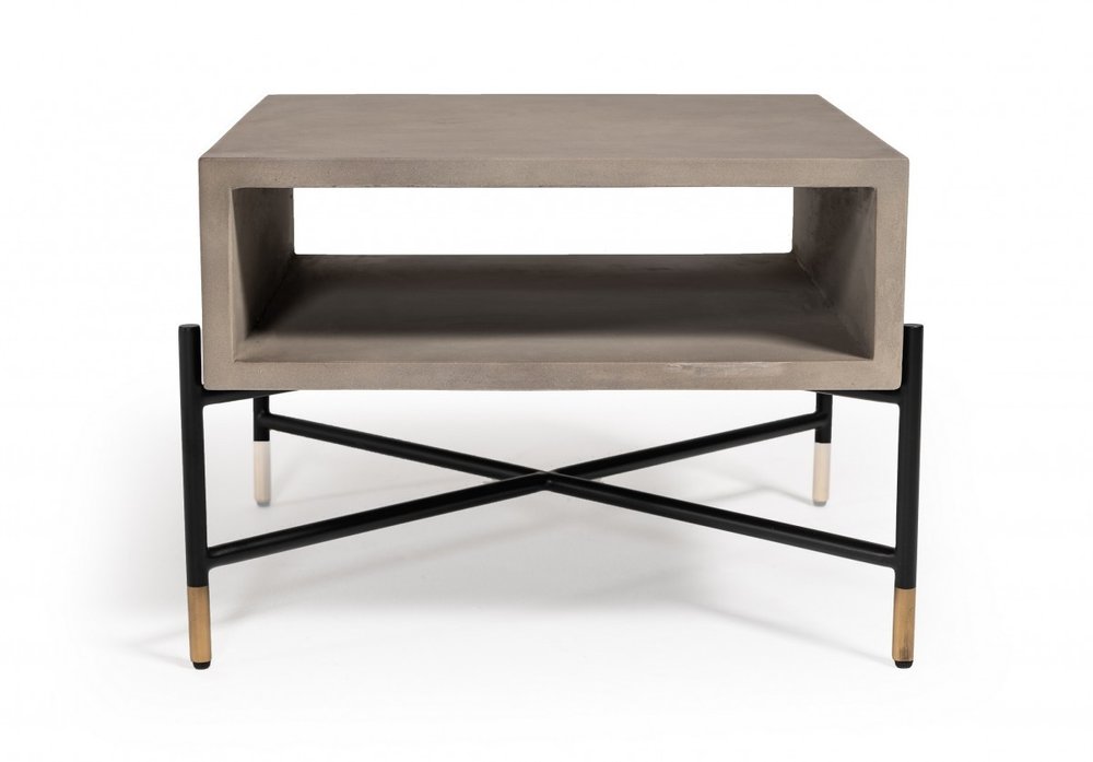 Gray and Black Concrete and Metal Square Coffee Table with Shelf