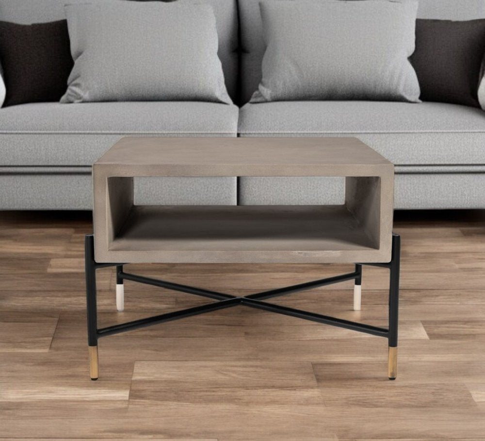 Gray and Black Concrete and Metal Square Coffee Table with Shelf