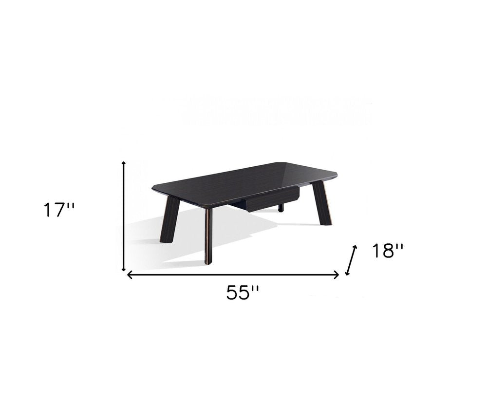 Ebony and Dark Brown Wood and Stainless Steel Coffee Table with Drawer