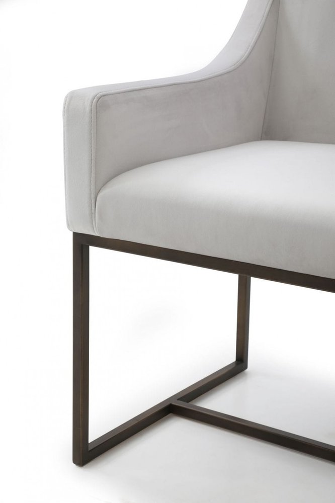 Beige and Antiqued Brass Upholstered Fabric Dining Arm Chair
