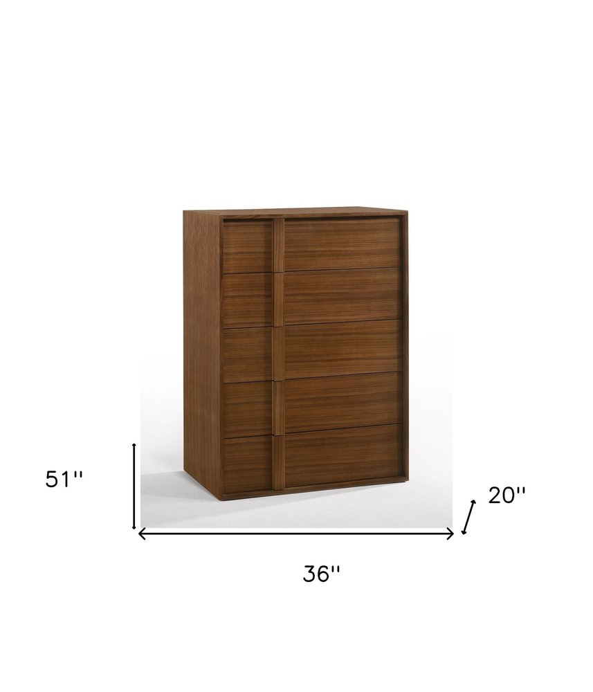Walnut Brown Wood Contemporary Five Drawer Dresser - 36-inch