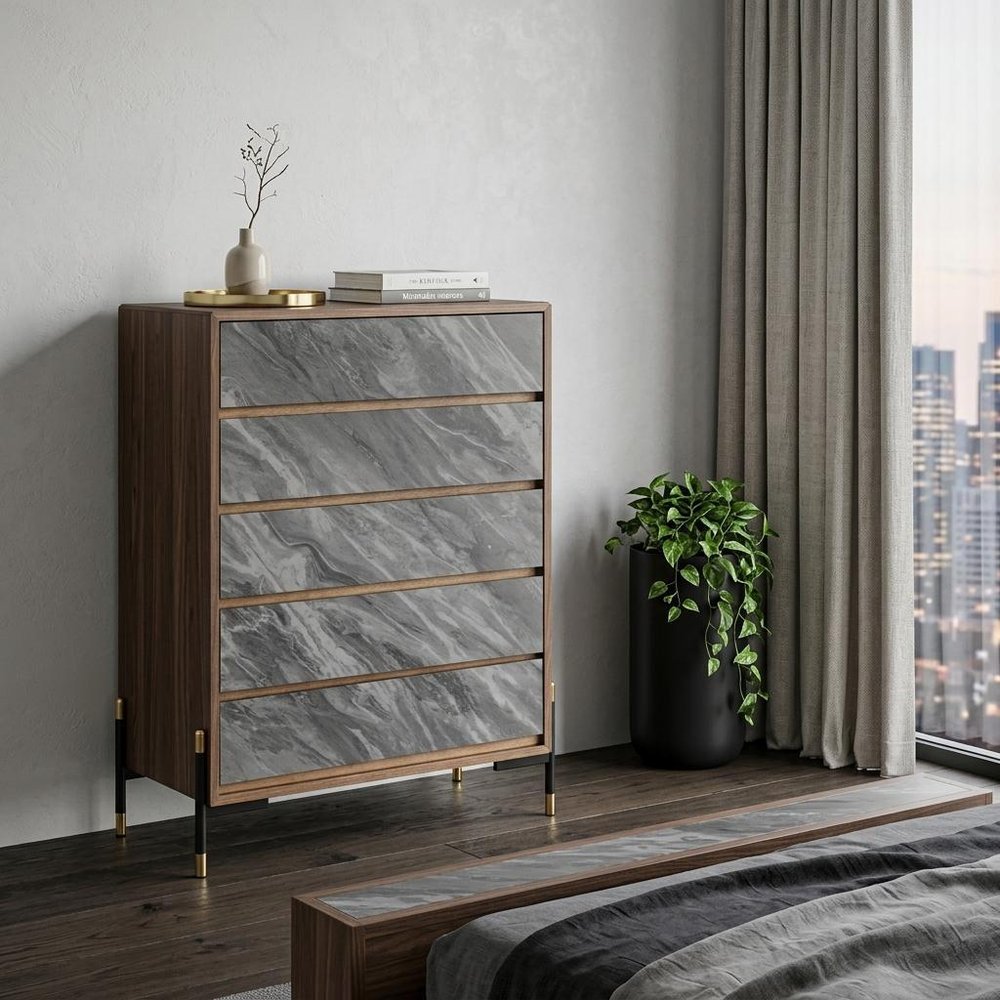 Walnut and Grey Manufactured Wood Five Drawer Chest - 30-inch