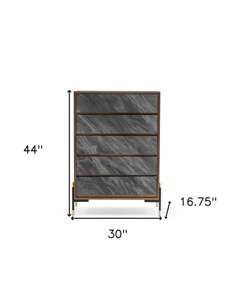Walnut and Grey Manufactured Wood Five Drawer Chest - 30-inch