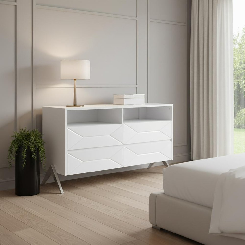White Manufactured Wood Four Drawer Double Dresser - 61-inch