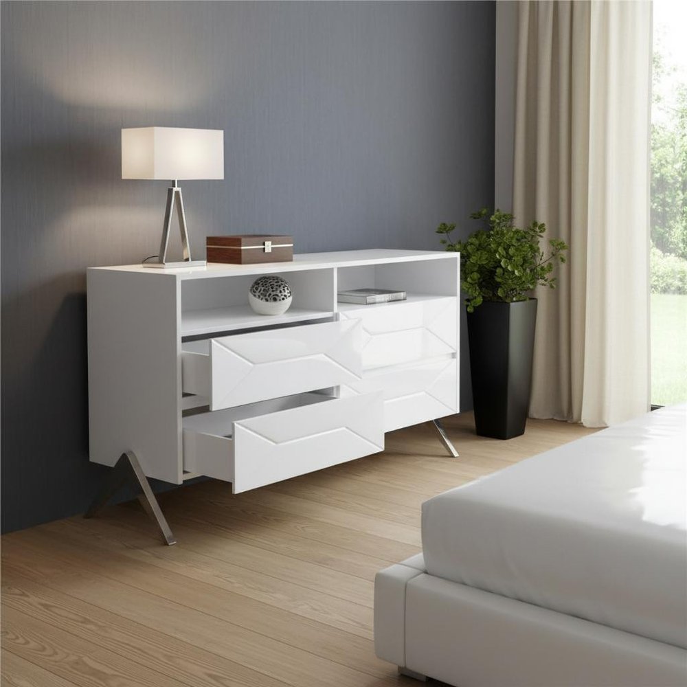 White Manufactured Wood Four Drawer Double Dresser - 61-inch