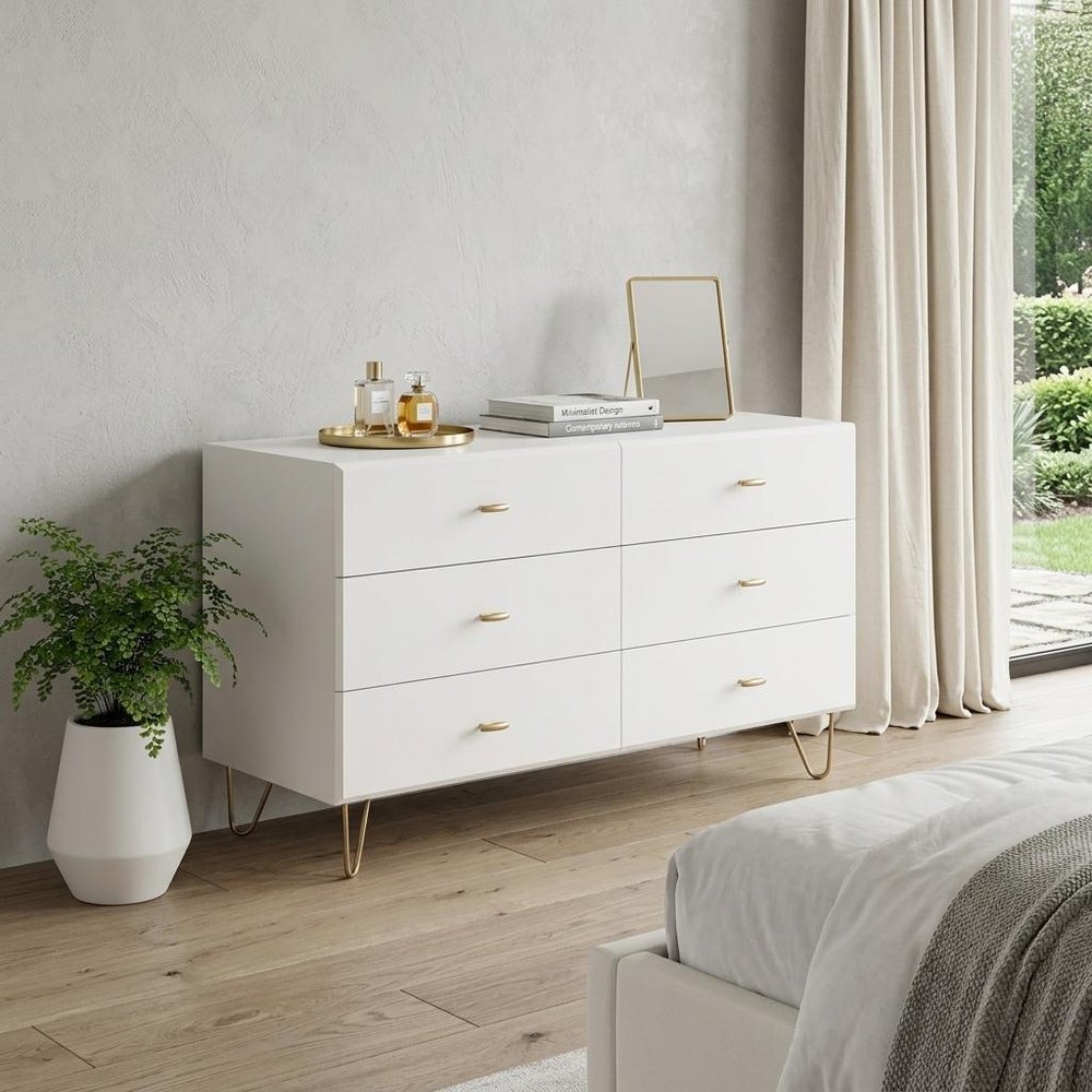 White Wood Six Drawer Double Dresser - 51-inch