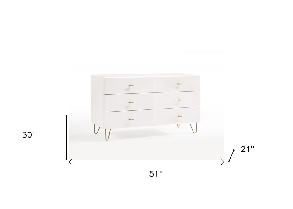 White Wood Six Drawer Double Dresser - 51-inch
