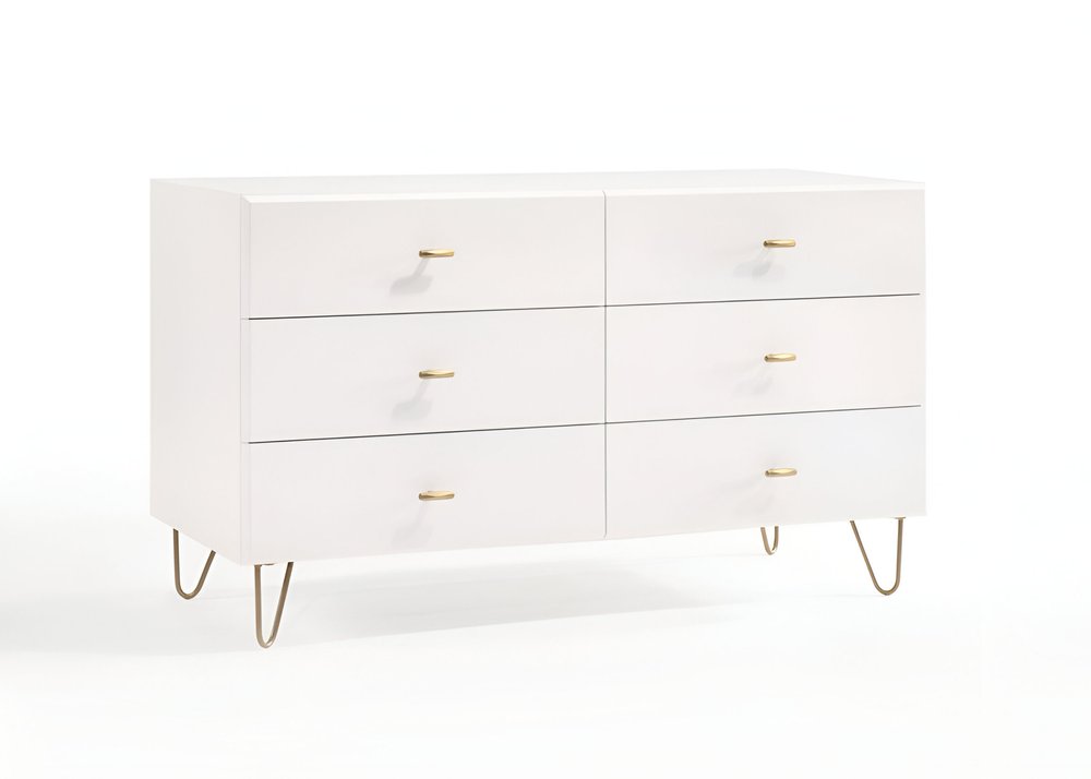 White Wood Six Drawer Double Dresser - 51-inch