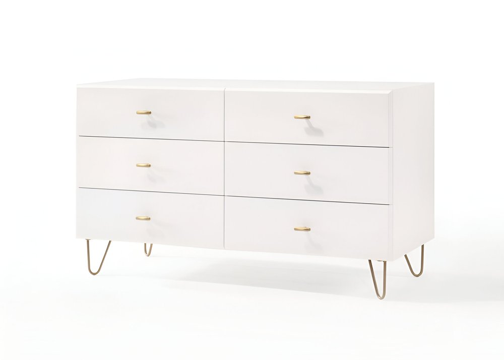 White Wood Six Drawer Double Dresser - 51-inch