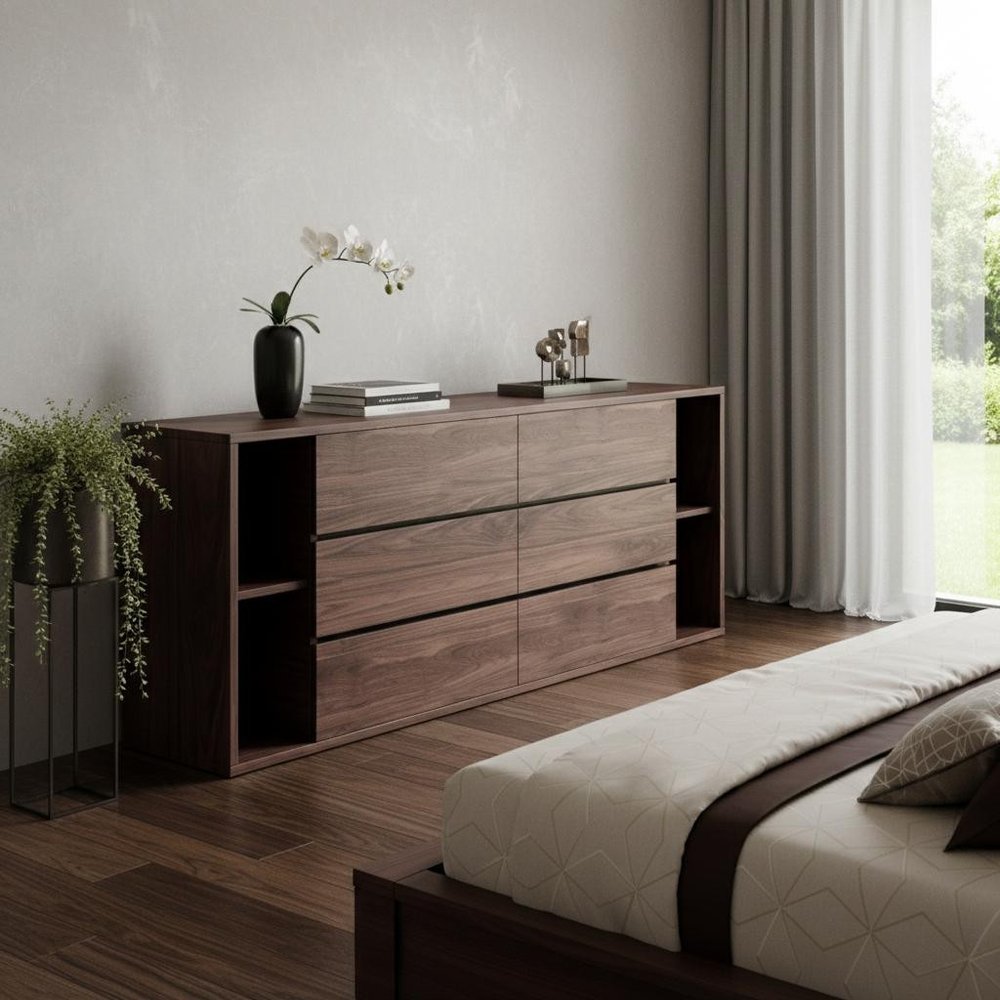 Walnut Solid Wood Six Drawer Double Dresser - 63-inch