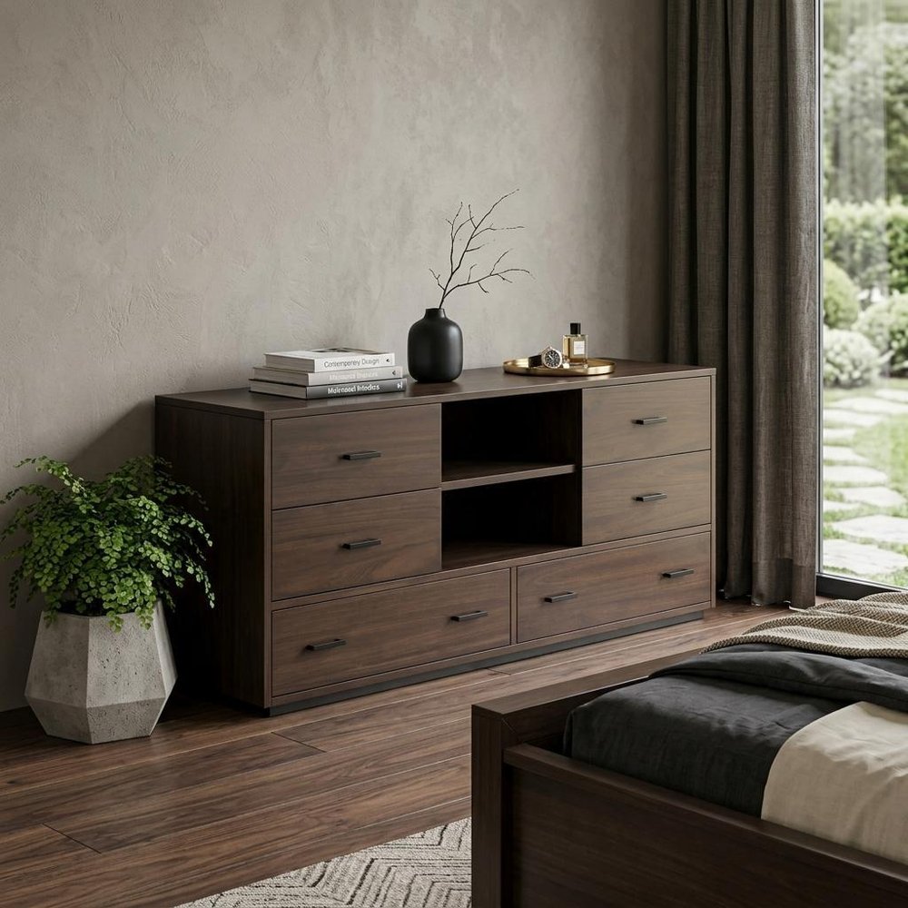 Dark Brown Wood Six Drawer Double Dresser - 63-inch
