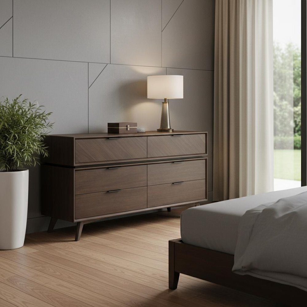 Acacia Solid Wood Six Drawer Double Dresser - 65-inch