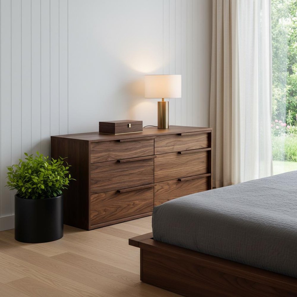 Walnut Manufactured Wood Six Drawer Double Dresser - 60-inch