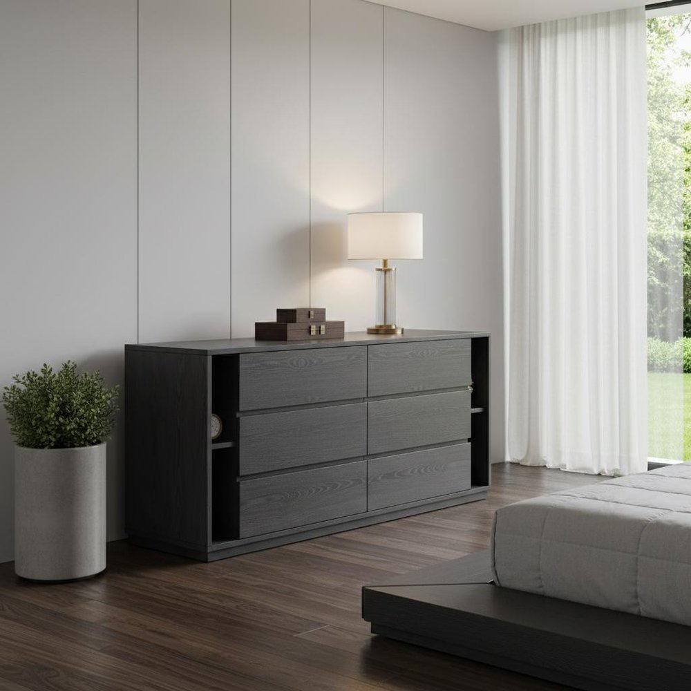 Walnut Solid Wood Six Drawer Double Dresser - 63-inch