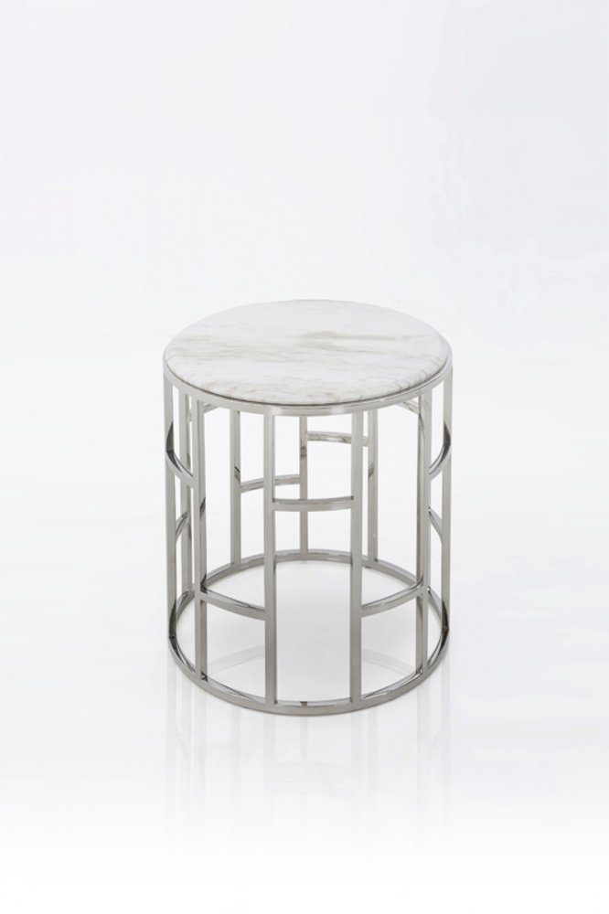 Stylish Silver and White Marble Round Geometric End or Side Table