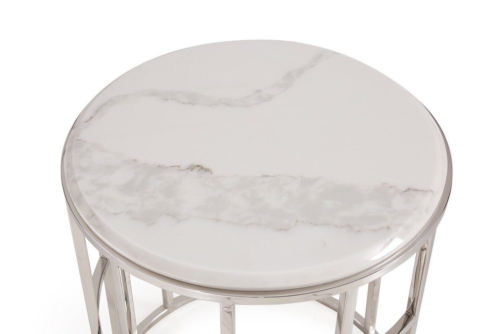 Stylish Silver and White Marble Round Geometric End or Side Table