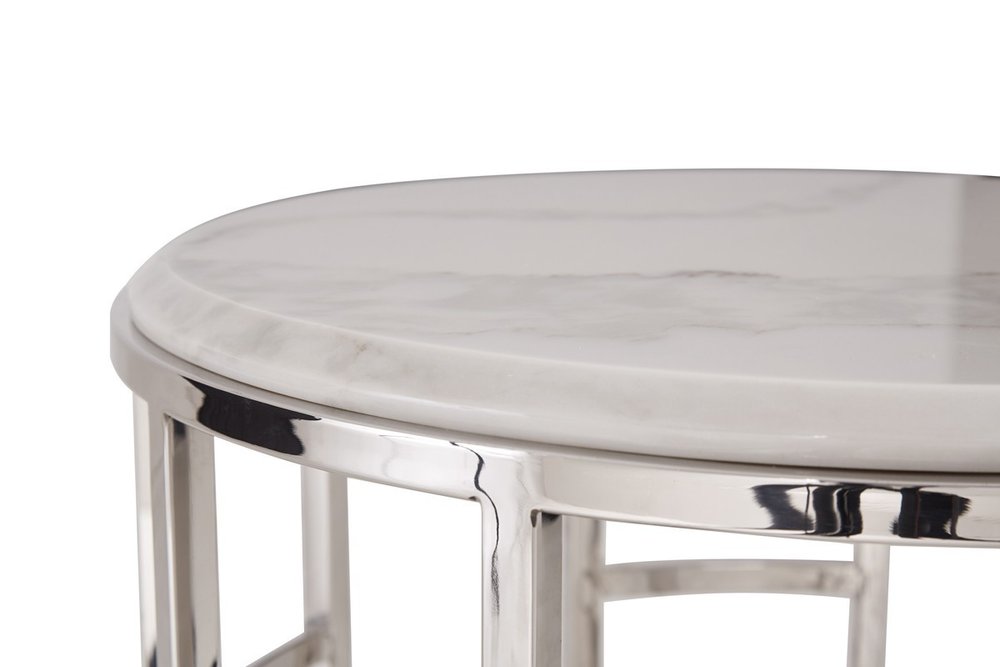 Stylish Silver and White Marble Round Geometric End or Side Table