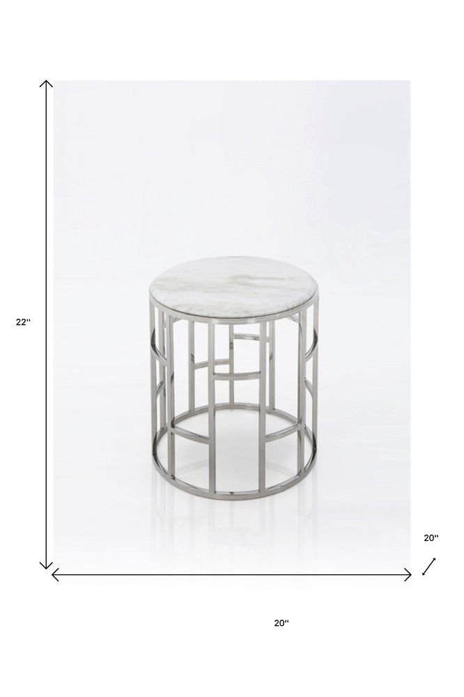 Stylish Silver and White Marble Round Geometric End or Side Table