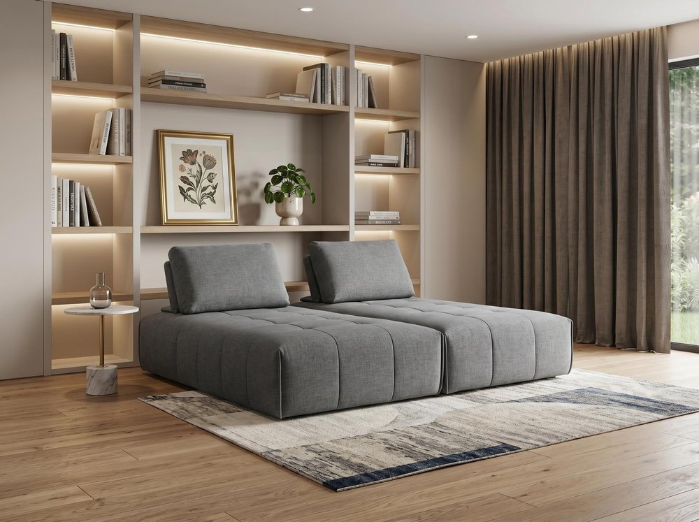 Gray Polyester Modular L Shaped Two Piece Sofa and Chaise Sectional and Toss Pillows
