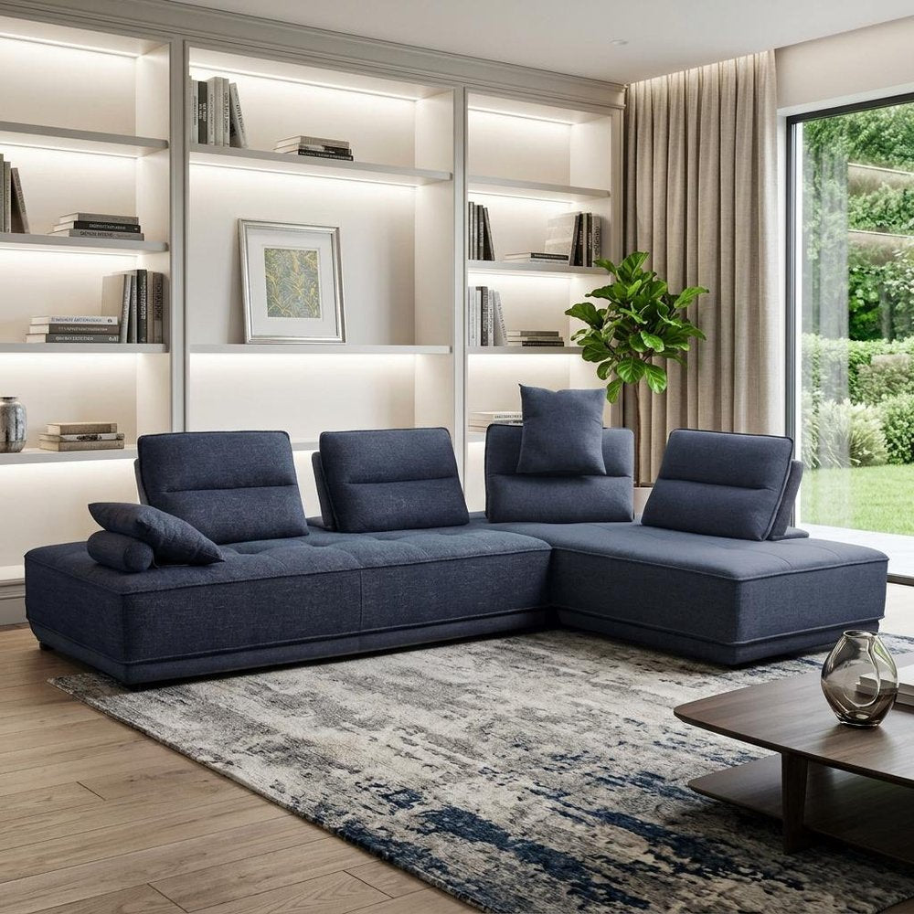 Blue 100% Polyester Stationary L Shaped Two Piece Sofa and Chaise