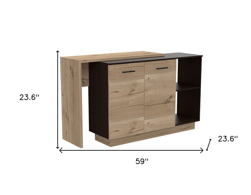 Natural and Natural and Black 59 Kitchen Island with Storage