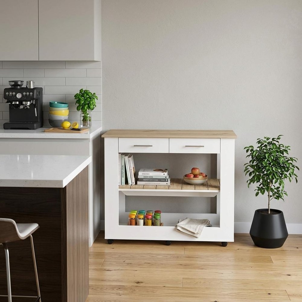 White and Brown 40 Rolling Kitchen Cart with Storage