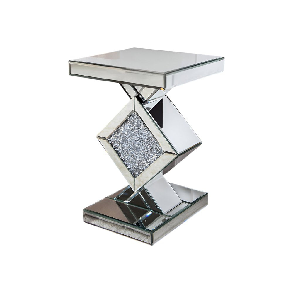 Silver Mirrored Glass and Faux Crystals End Table - 24-inch