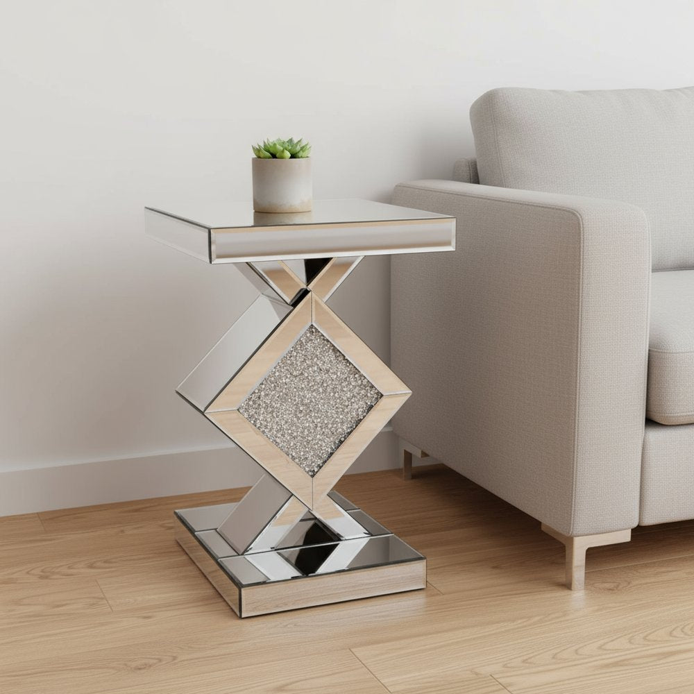 Silver Mirrored Glass and Faux Crystals End Table - 24-inch