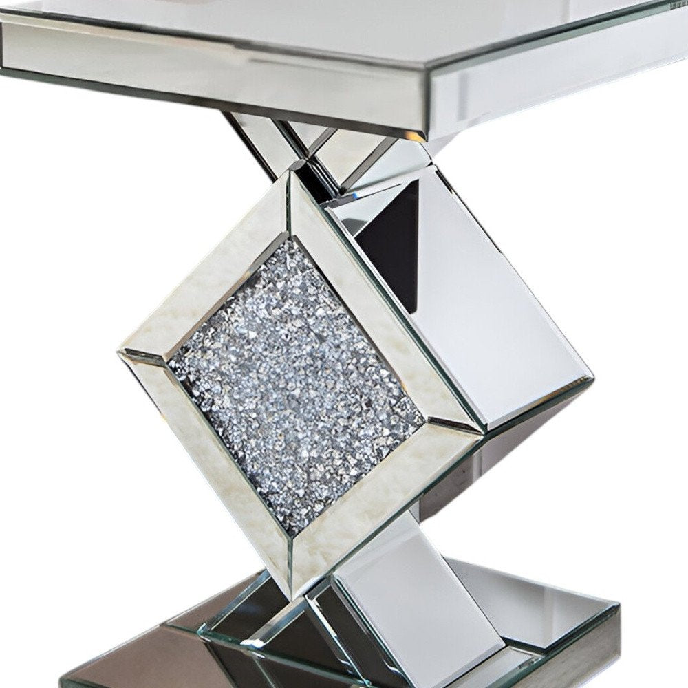 Silver Mirrored Glass and Faux Crystals End Table - 24-inch