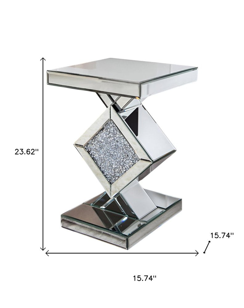 Silver Mirrored Glass and Faux Crystals End Table - 24-inch