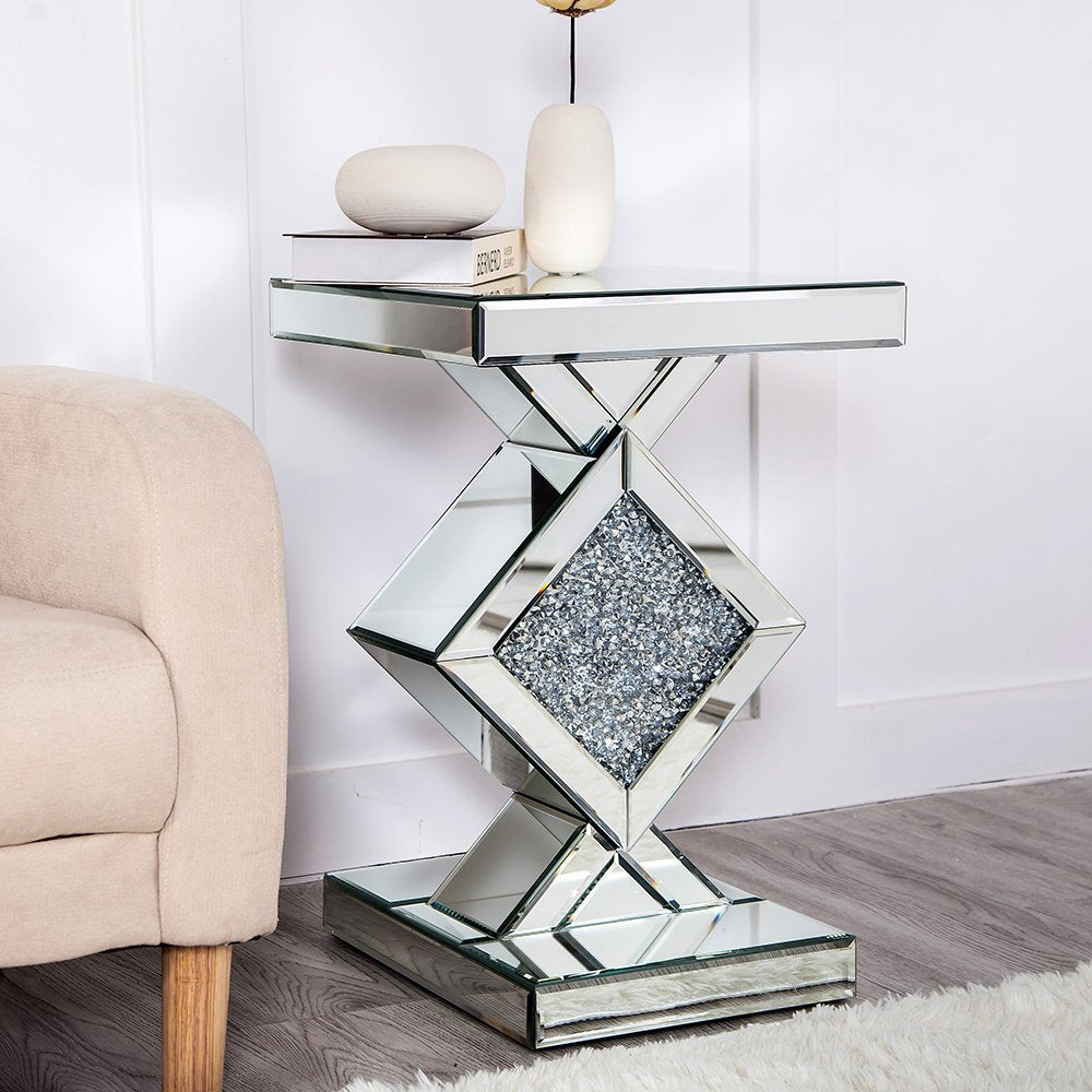 Silver Mirrored Glass and Faux Crystals End Table - 24-inch
