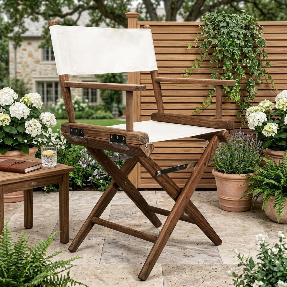 Brown and Ivory and Natural Wood Solid Wood Indoor Outdoor Director Chair
