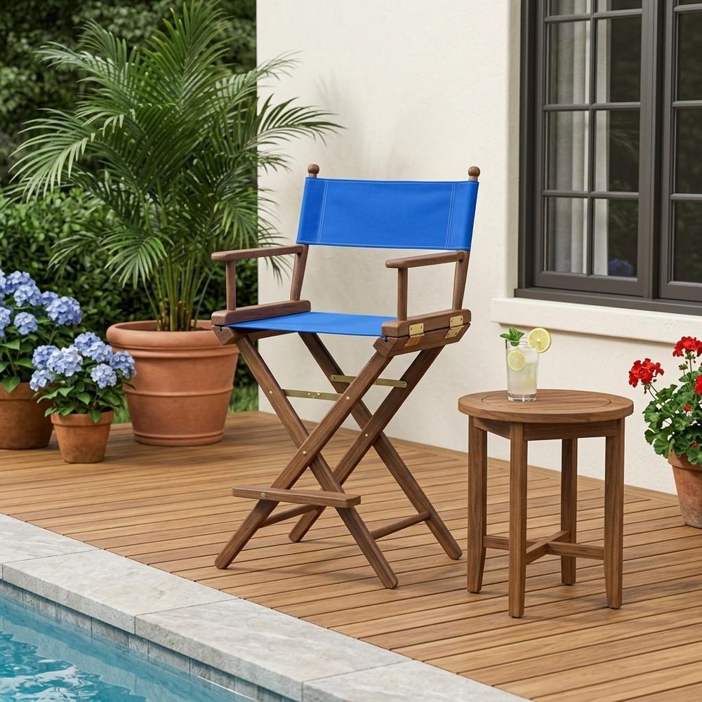 Blue and Brown Solid Wood Indoor Outdoor Director Chair - 23-inch