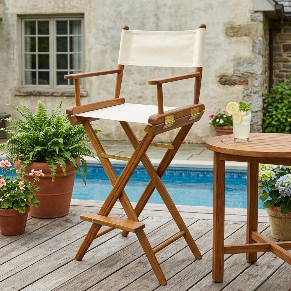 Ivory and Brown Solid Wood Indoor Outdoor Director Chair - 23-inch