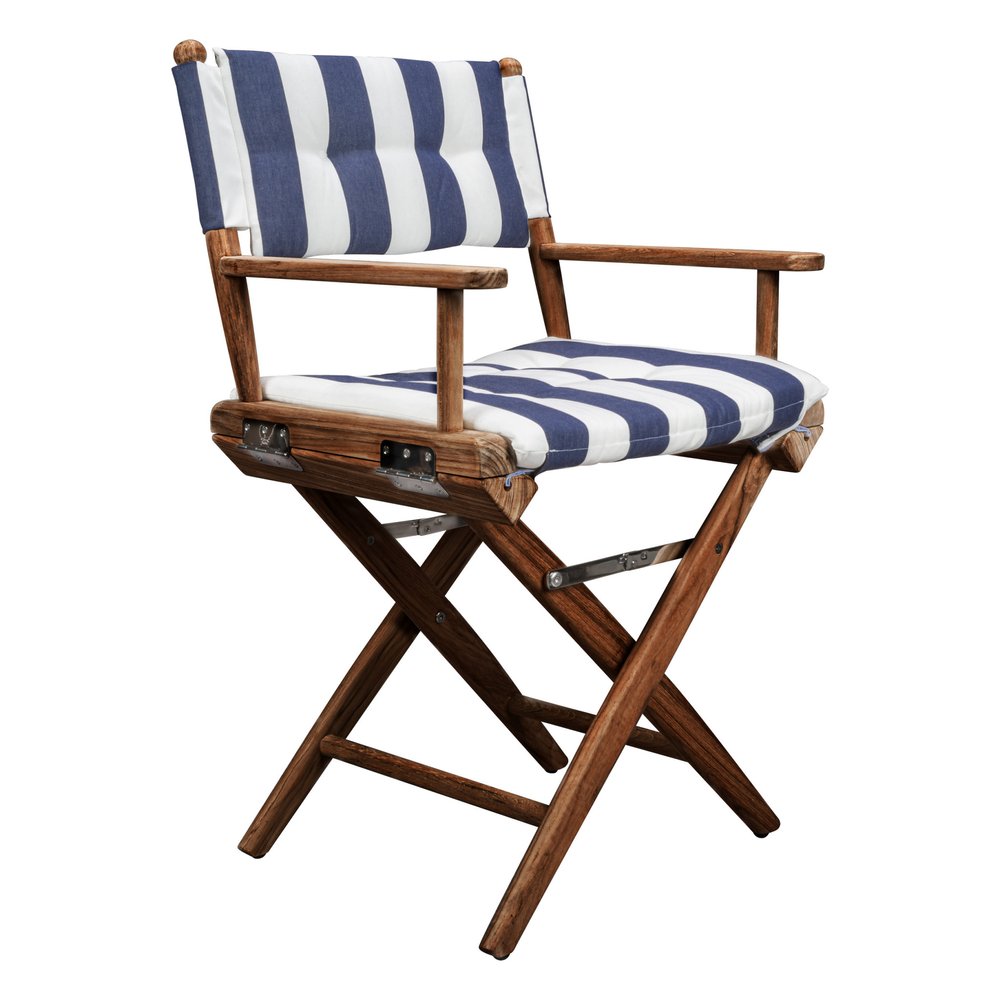 Blue and White and Natural Wood Solid Wood Indoor Outdoor Director Chair with Blue and White Cushion