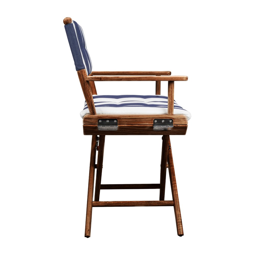 Blue and White and Natural Wood Solid Wood Indoor Outdoor Director Chair with Blue and White Cushion
