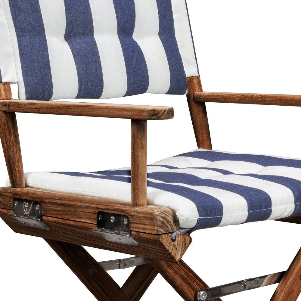 Blue and White and Natural Wood Solid Wood Indoor Outdoor Director Chair with Blue and White Cushion