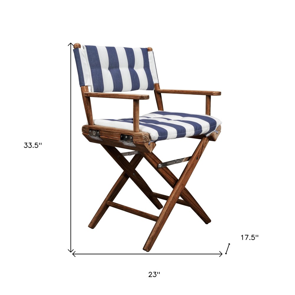 Blue and White and Natural Wood Solid Wood Indoor Outdoor Director Chair with Blue and White Cushion