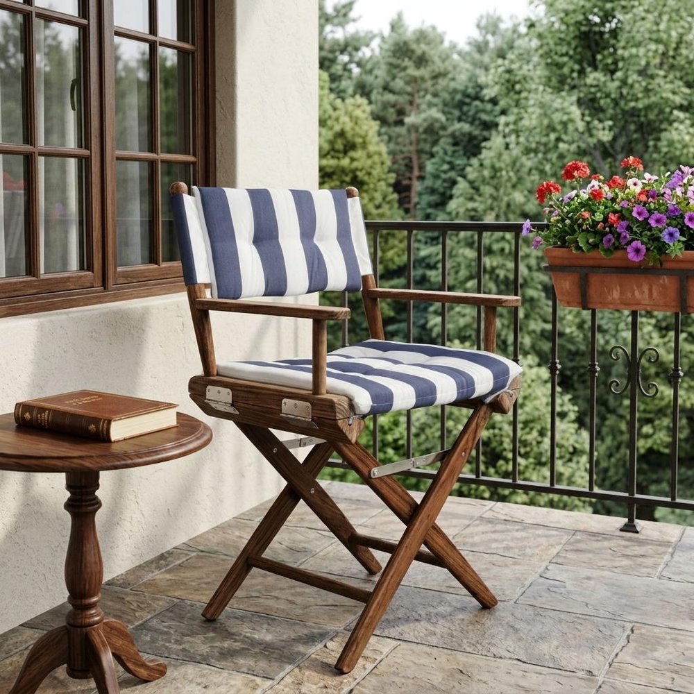 Blue and White and Natural Wood Solid Wood Indoor Outdoor Director Chair with Blue and White Cushion