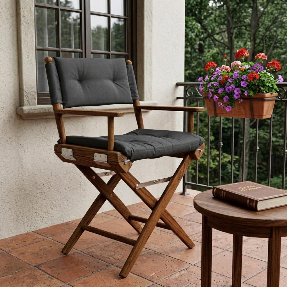 Black and Natural Wood Solid Wood Indoor Outdoor Director Chair with Black Cushion