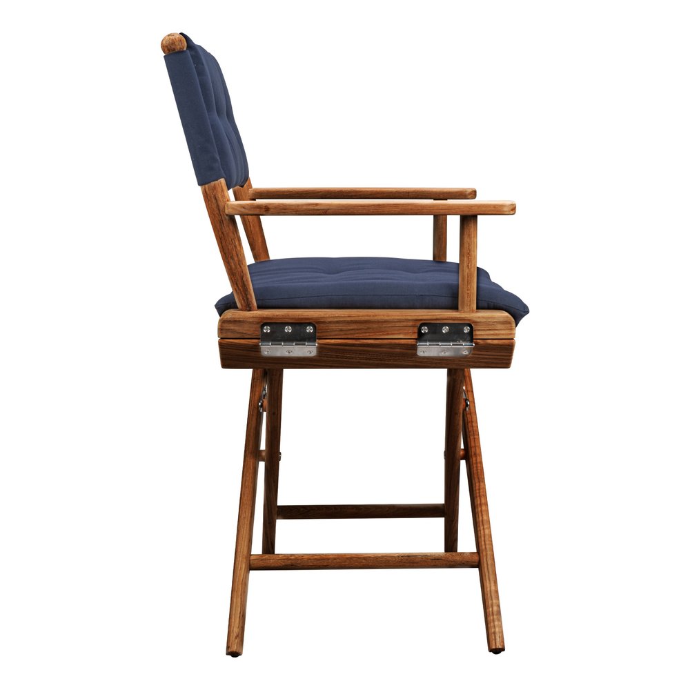 Navy Blue and Brown Solid Wood Indoor Outdoor Director Chair with Navy Blue Cushion