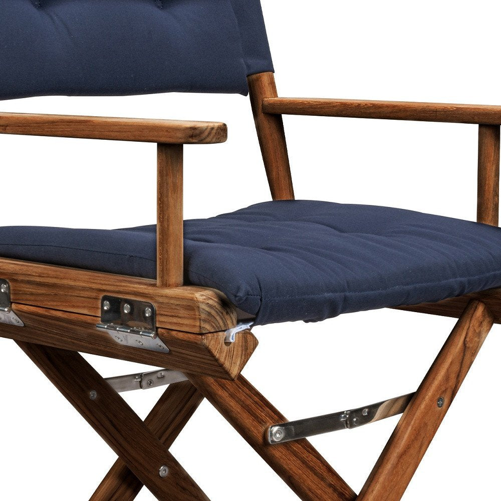 Navy Blue and Brown Solid Wood Indoor Outdoor Director Chair with Navy Blue Cushion