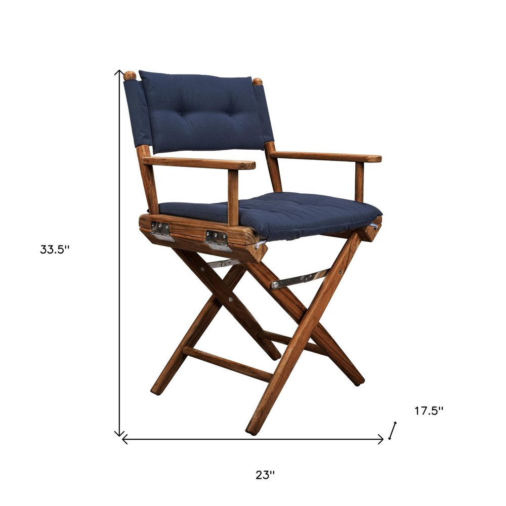 Navy Blue and Brown Solid Wood Indoor Outdoor Director Chair with Navy Blue Cushion
